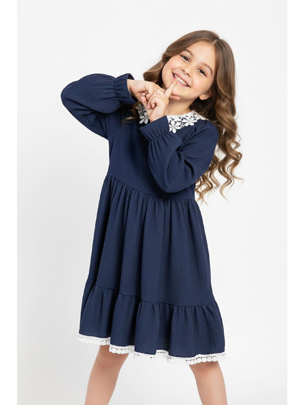 İndigo Kız Çocuk Elbise -Bürümcük Kumaş-Yaka ve Etek Uçları Nakış Detaylı 4-9 Yaş 12516-2