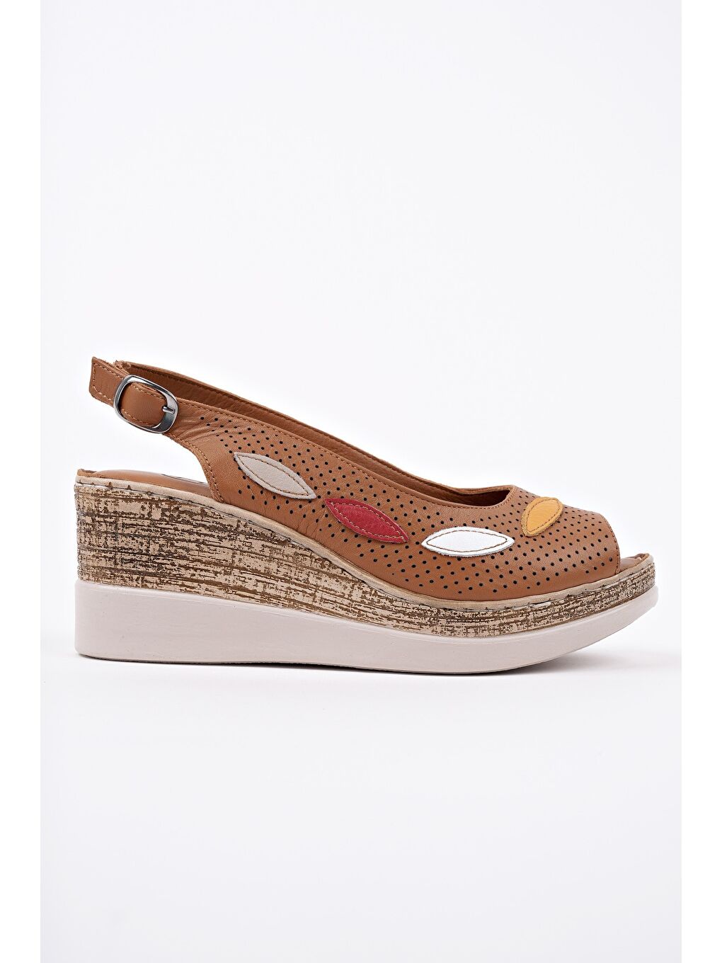 Kahverengi FİLYOS Hakiki Deri Arkası Açık Dolgu Topuklu Ayarlanabilir Kemerli Delikli Günlük Kadın Sandalet-6