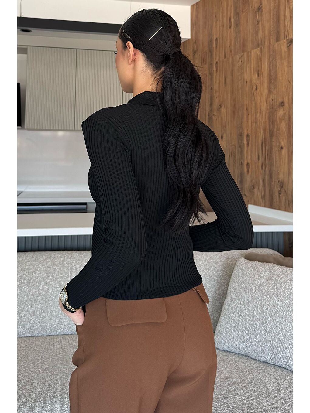 Siyah Kadın Polo Yaka Gold Düğmeli Triko Hırka (s-m-l Beden Uyumludur.)-3