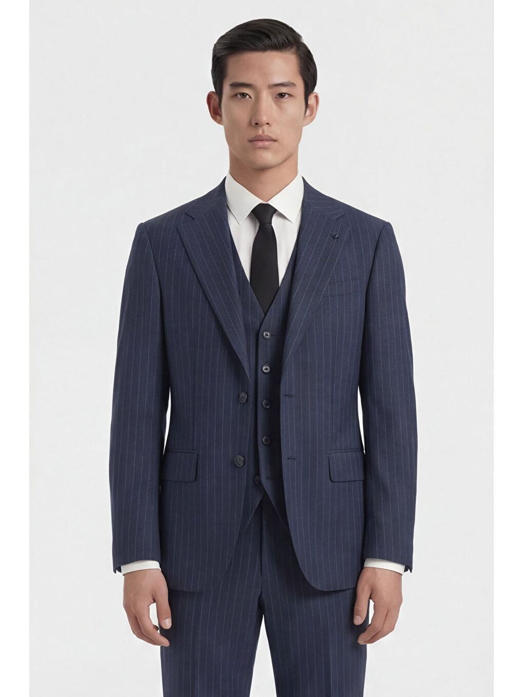 Giotelli Erkek Lacivert Dar Kesim Slim Fit Viskon Çizgili Yan Cep Normal Bel 6 Drop Takım Elbise-1