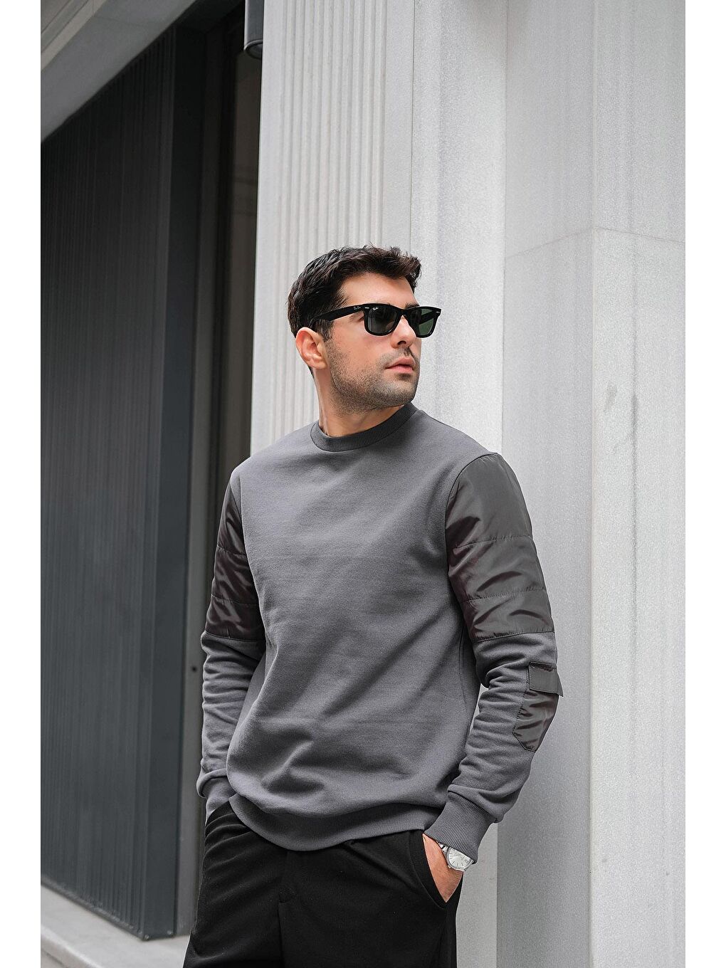 Kapitone Cep Detaylı Antrasit Sweatshirt-3