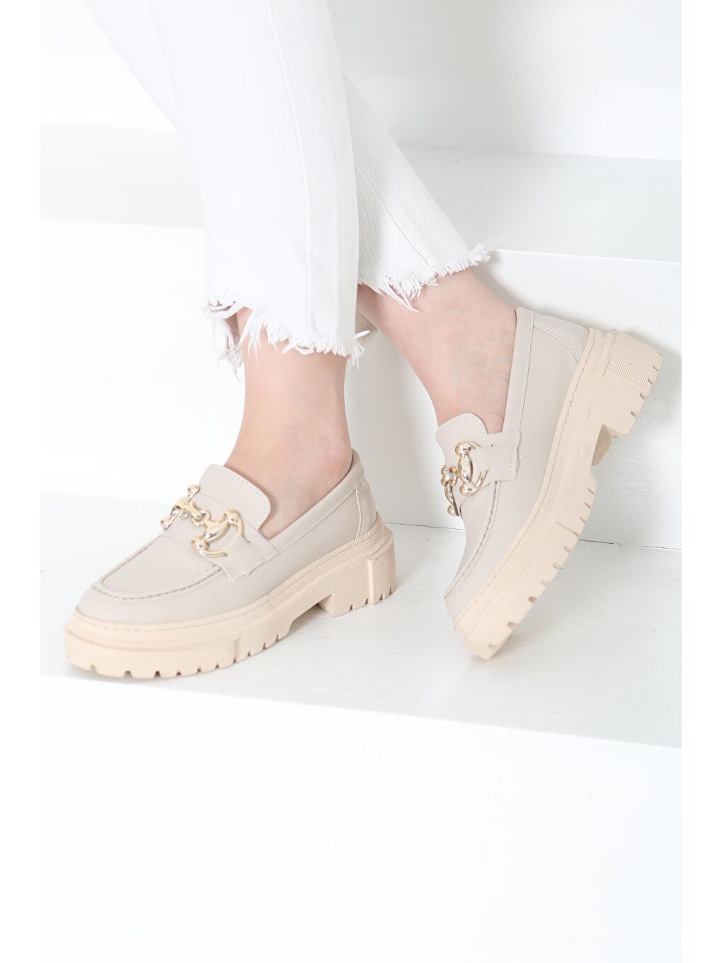 Kadın Bej Tokalı Yüksek Taban Babet - 27092-1