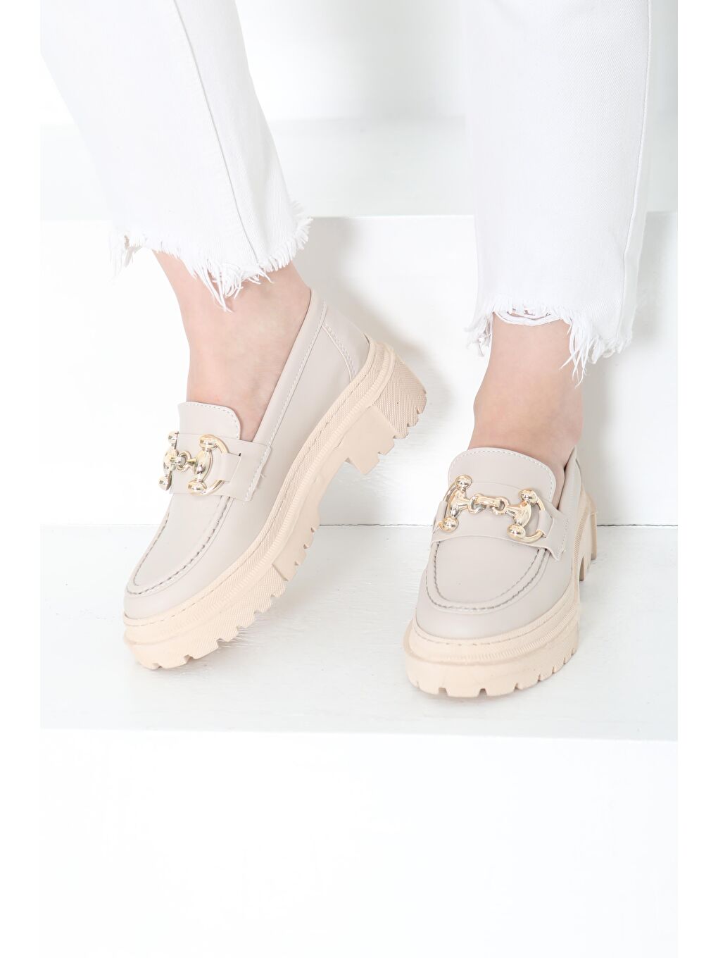 Kadın Bej Tokalı Yüksek Taban Babet - 27092-3