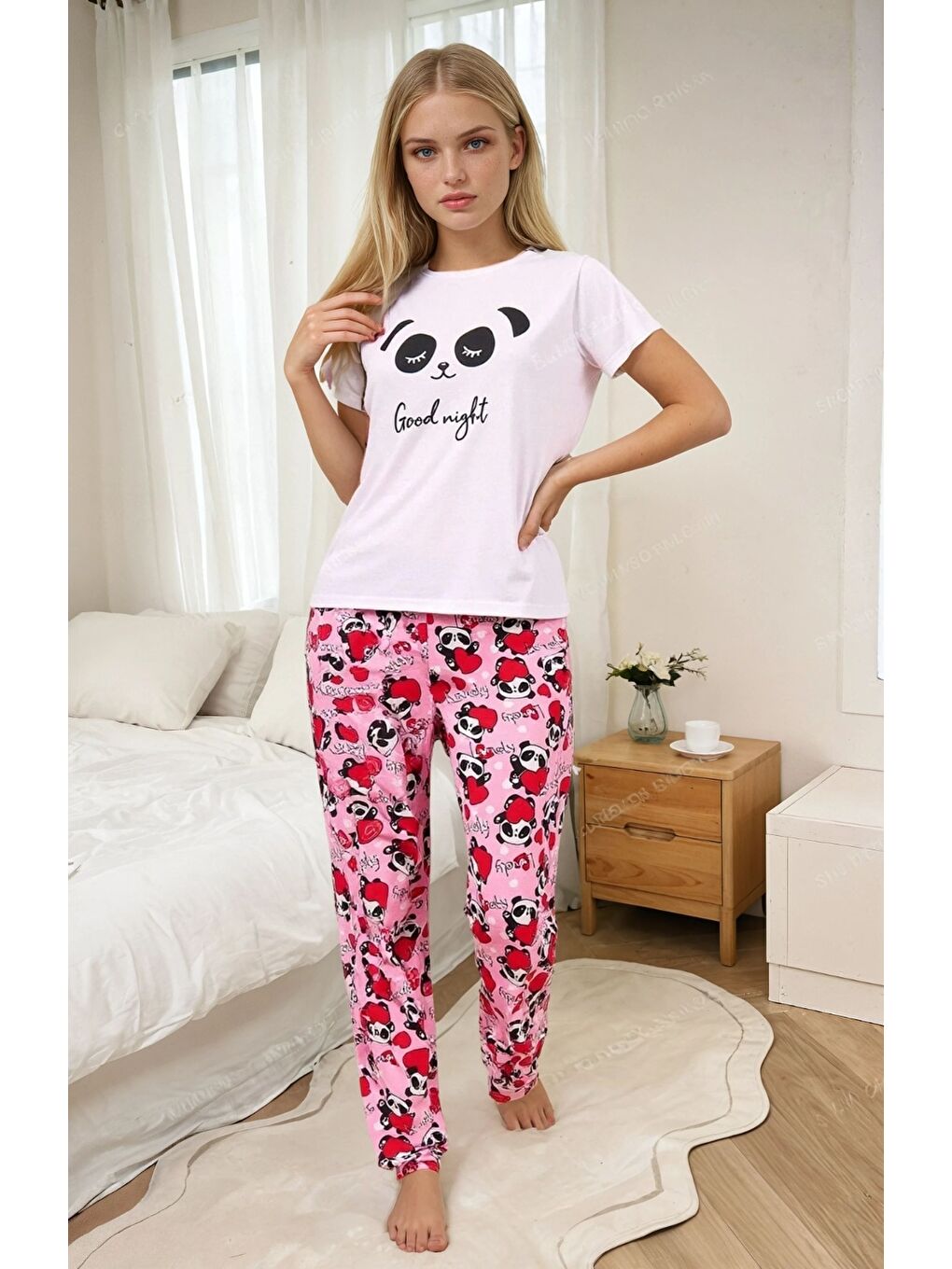 Panda Desenli Beyaz Kadın Pijama Takımı