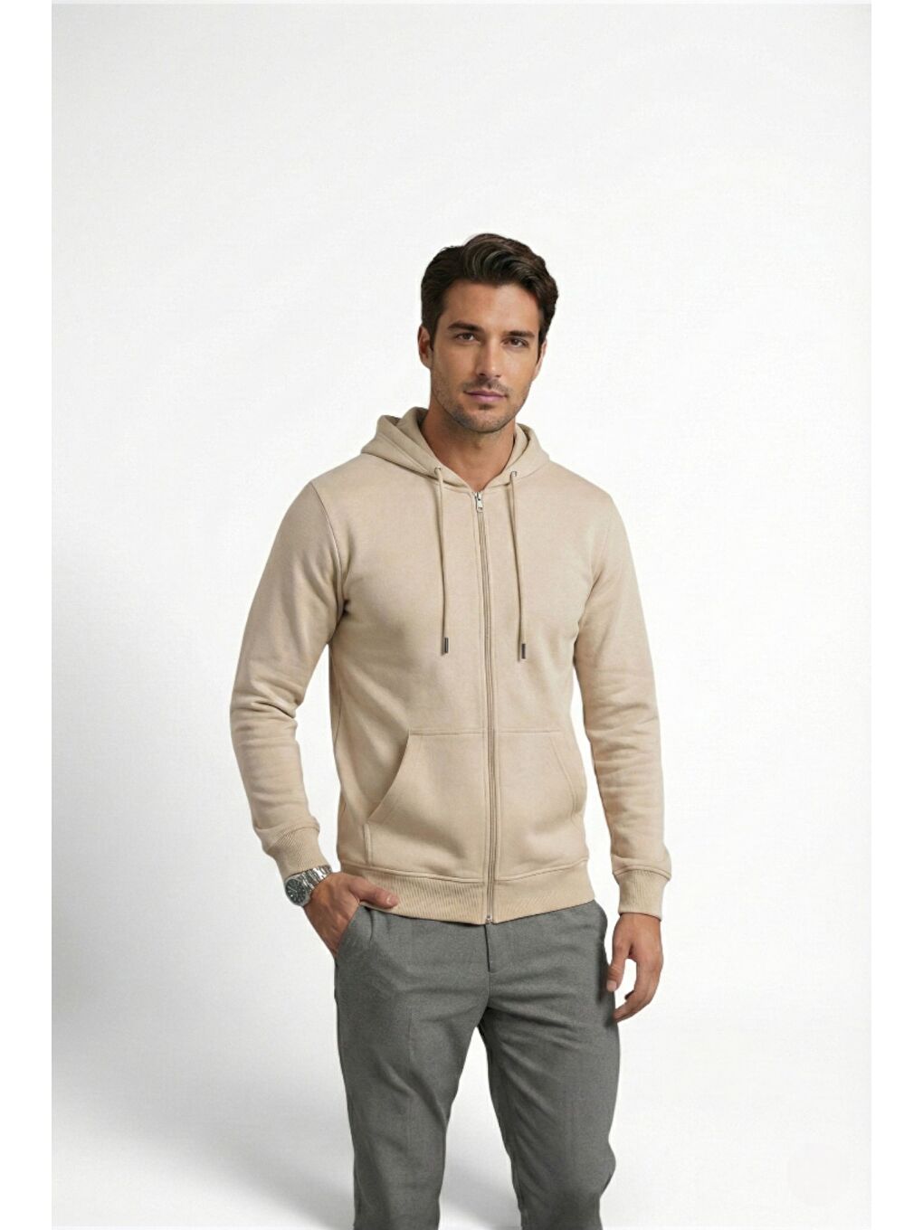 Bej %100 Pamuk Kapüşonlu Fermuarlı Basic Erkek Hırka