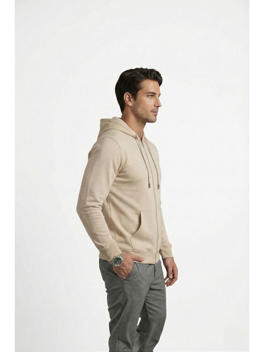 Bej %100 Pamuk Kapüşonlu Fermuarlı Basic Erkek Hırka-1