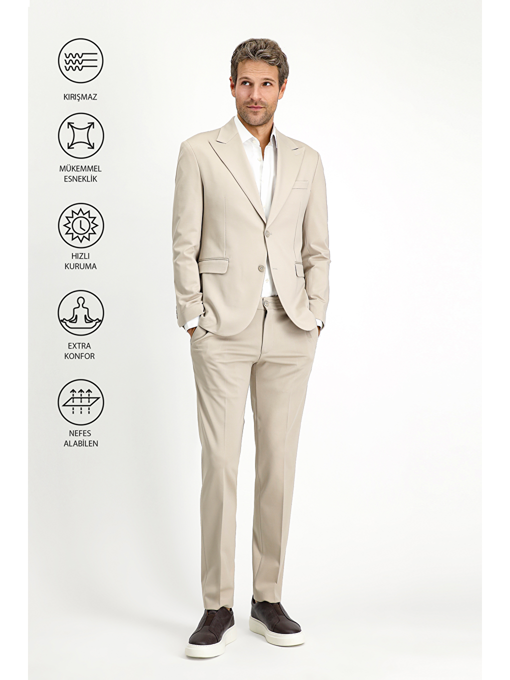 Bej Techno-Line Slim Fit Dar Kesim Elastanlı Spor Örme Ceket