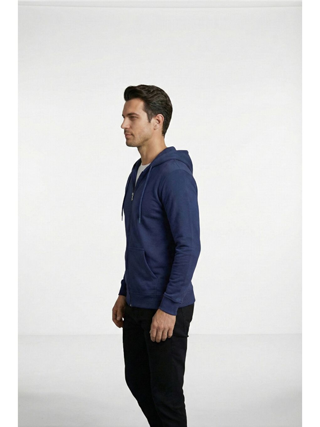 Lacivert %100 Pamuk Kapüşonlu Fermuarlı Basic Erkek Hırka-1