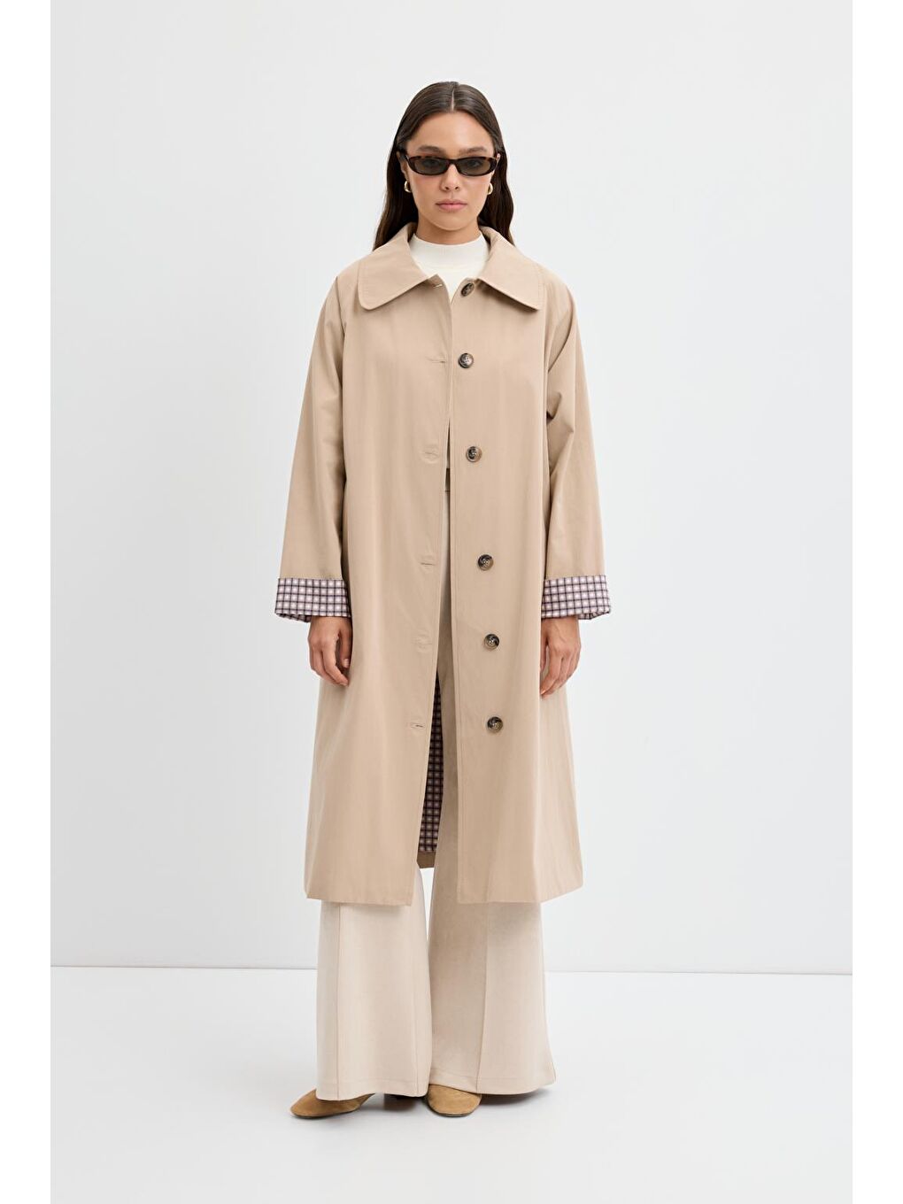 Bej Ekose Astarlı Kemerli Uzun Trençkot Taş-1