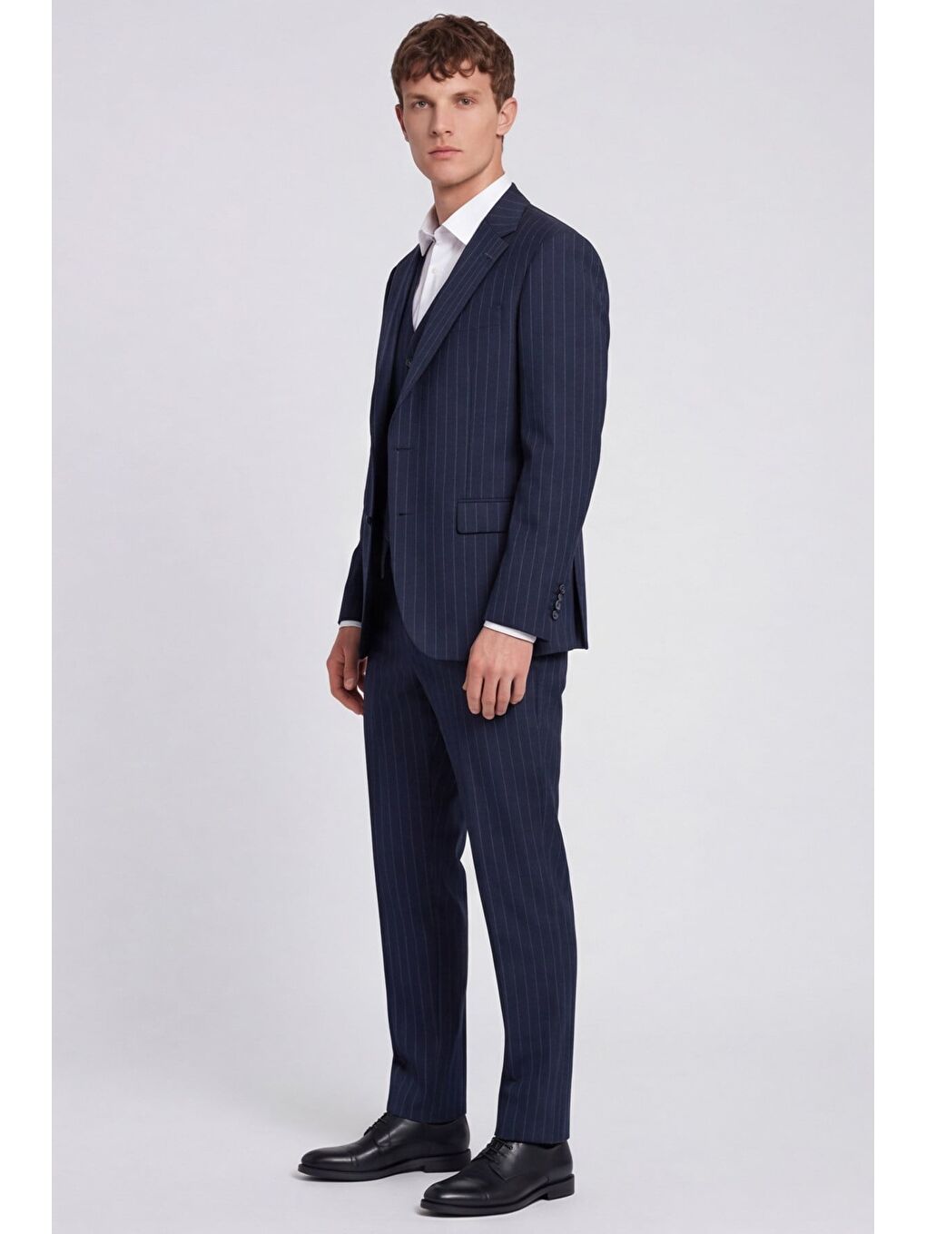 Giotelli Erkek Lacivert Dar Kesim Slim Fit Viskon Dokuma Çizgili Klasik Yaka 6 Drop Takım Elbise-2