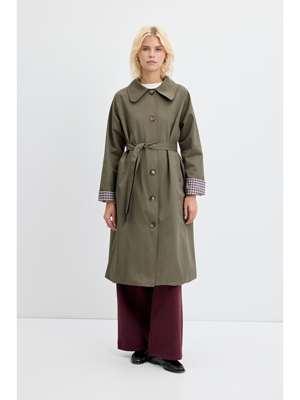 Ekose Astarlı Kemerli Uzun Trençkot Haki-1