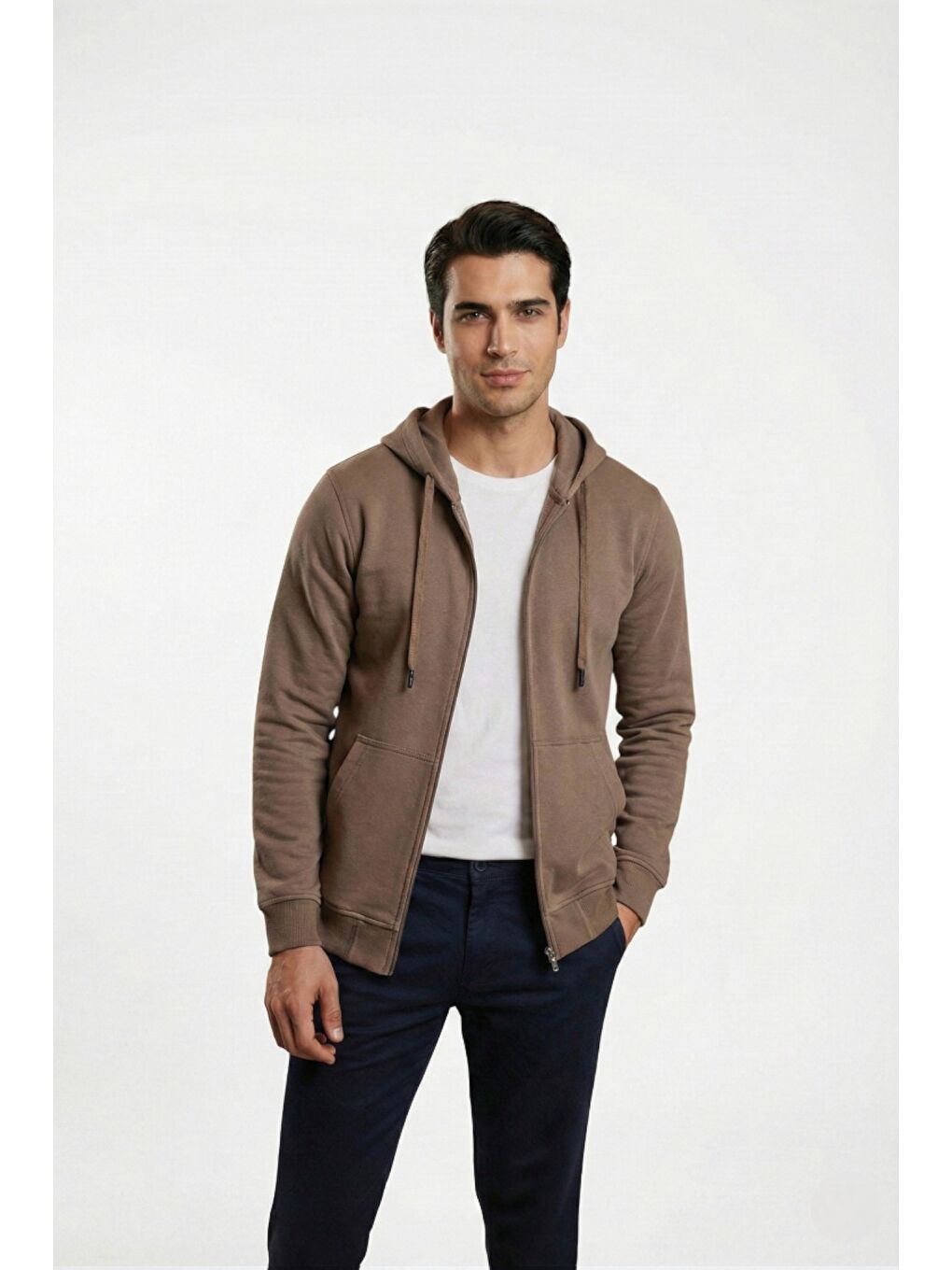 Kahverengi %100 Pamuk Kapüşonlu Fermuarlı Basic Erkek Hırka