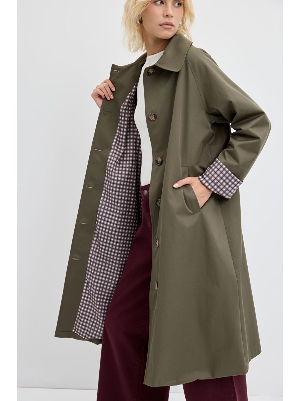 Ekose Astarlı Kemerli Uzun Trençkot Haki-2