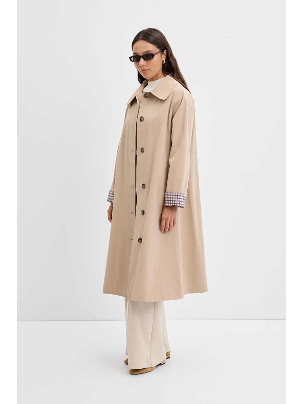 Bej Ekose Astarlı Kemerli Uzun Trençkot Taş-3