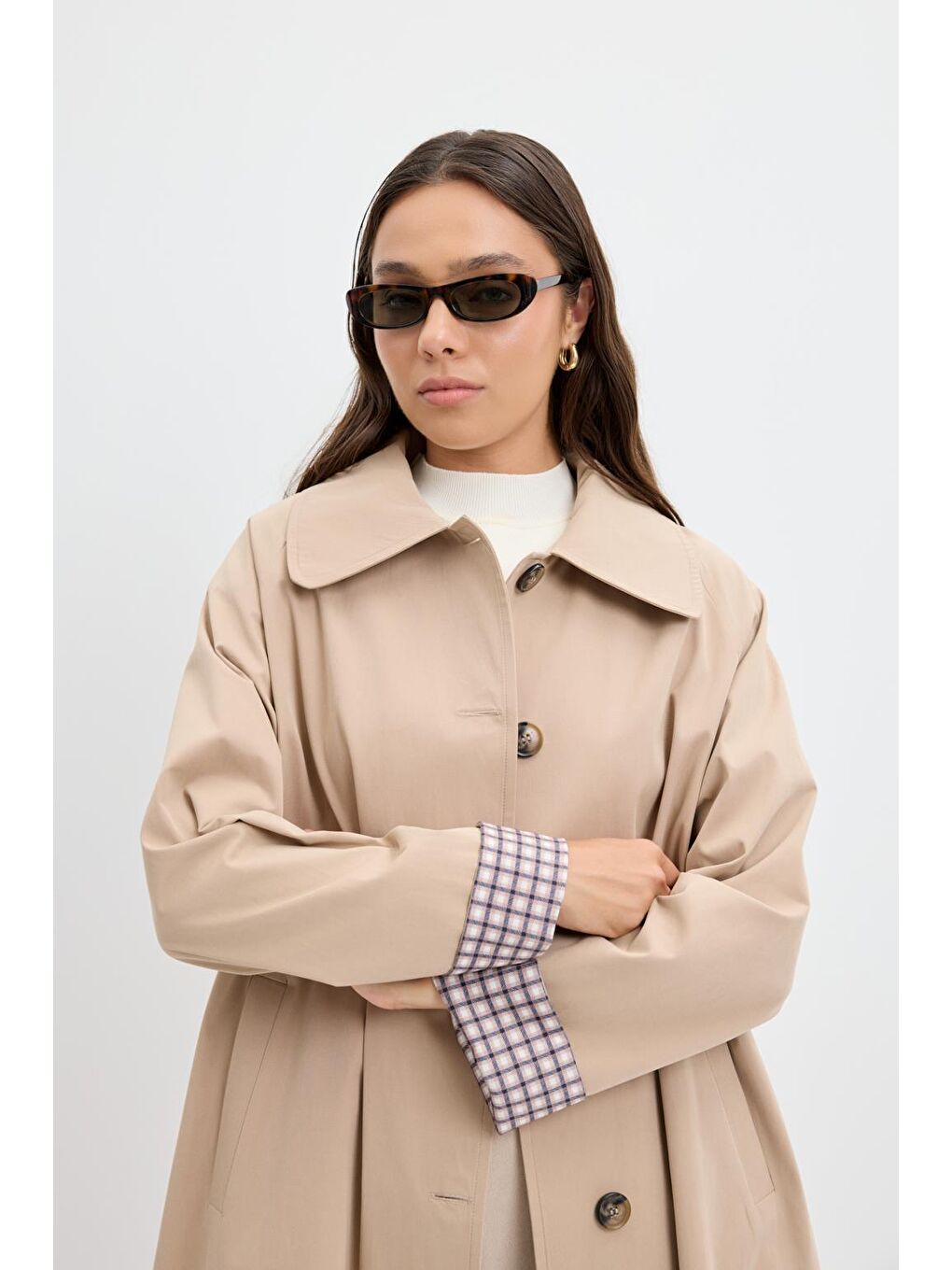 Bej Ekose Astarlı Kemerli Uzun Trençkot Taş-4