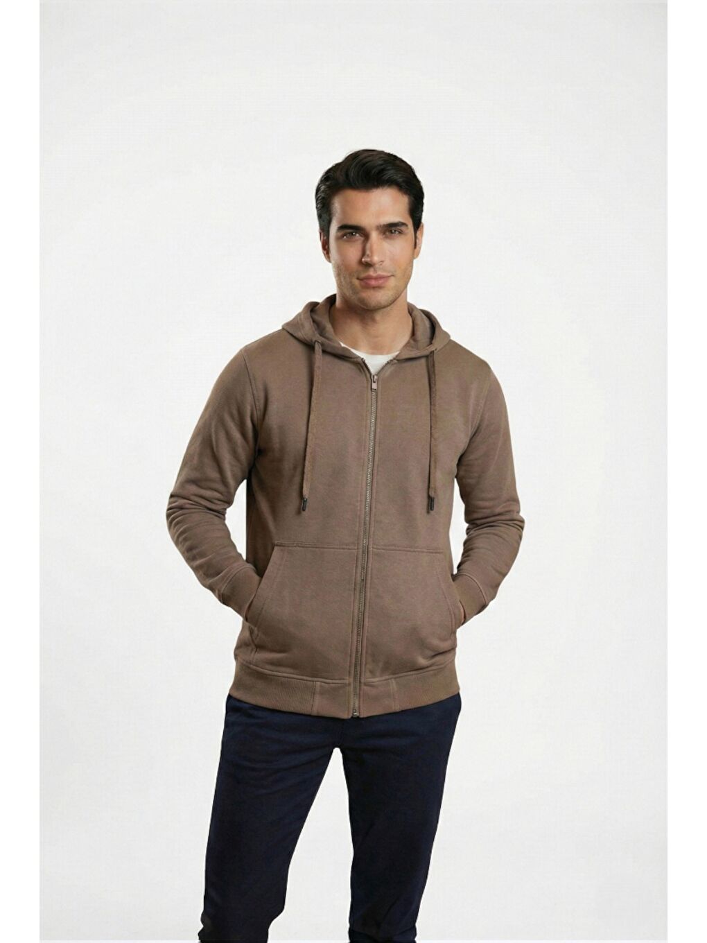 Kahverengi %100 Pamuk Kapüşonlu Fermuarlı Basic Erkek Hırka-2