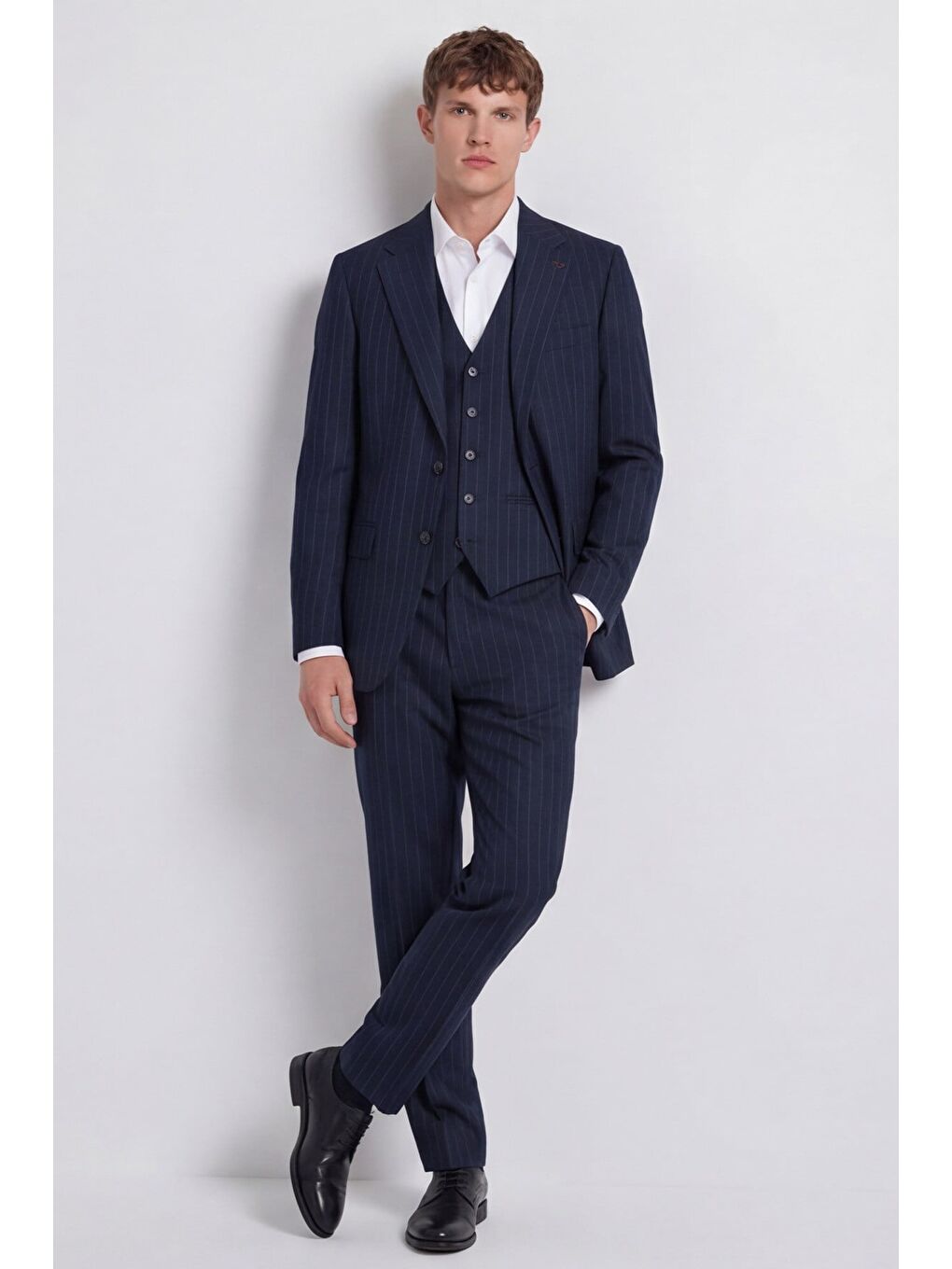 Giotelli Erkek Lacivert Dar Kesim Slim Fit Viskon Dokuma Çizgili Klasik Yaka 6 Drop Takım Elbise-5