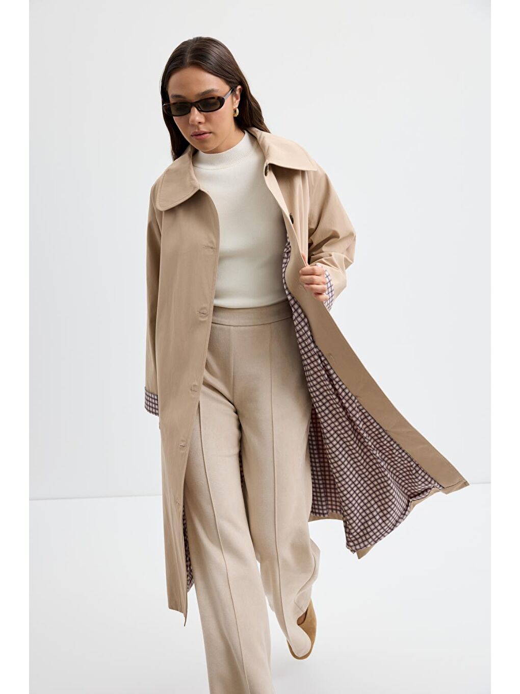 Bej Ekose Astarlı Kemerli Uzun Trençkot Taş-5