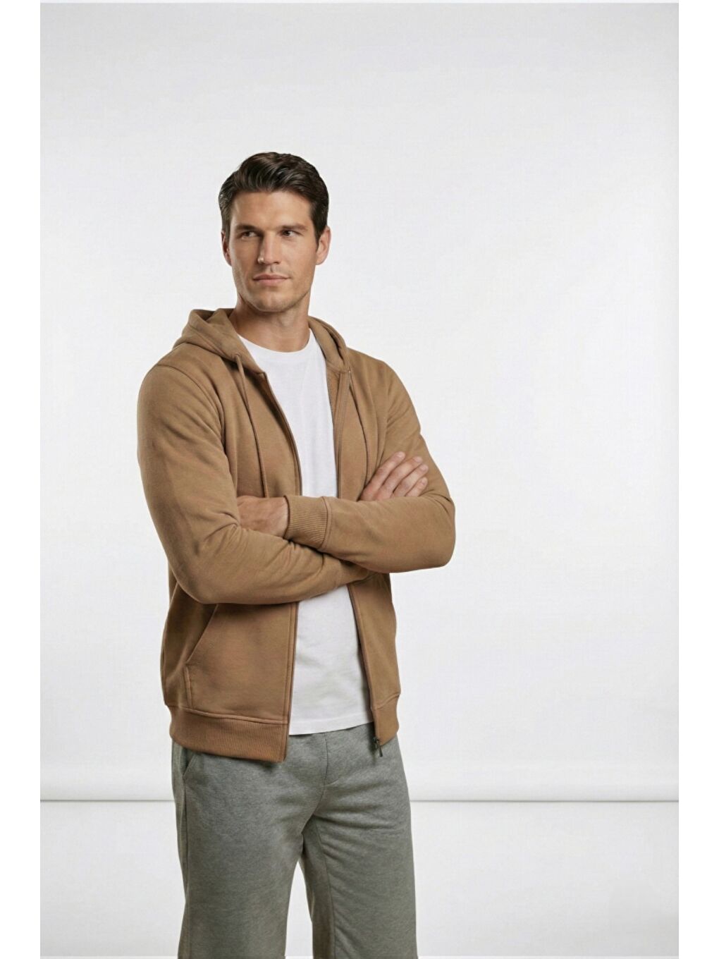Kahverengi %100 Pamuk Kapüşonlu Fermuarlı Basic Erkek Hırka
