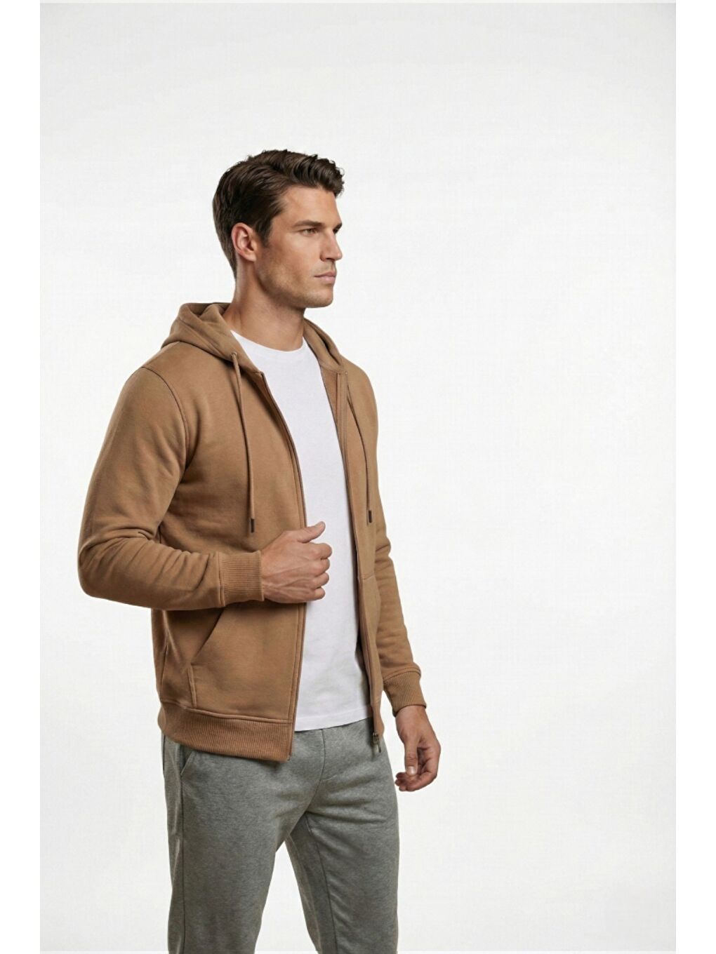 Kahverengi %100 Pamuk Kapüşonlu Fermuarlı Basic Erkek Hırka-1