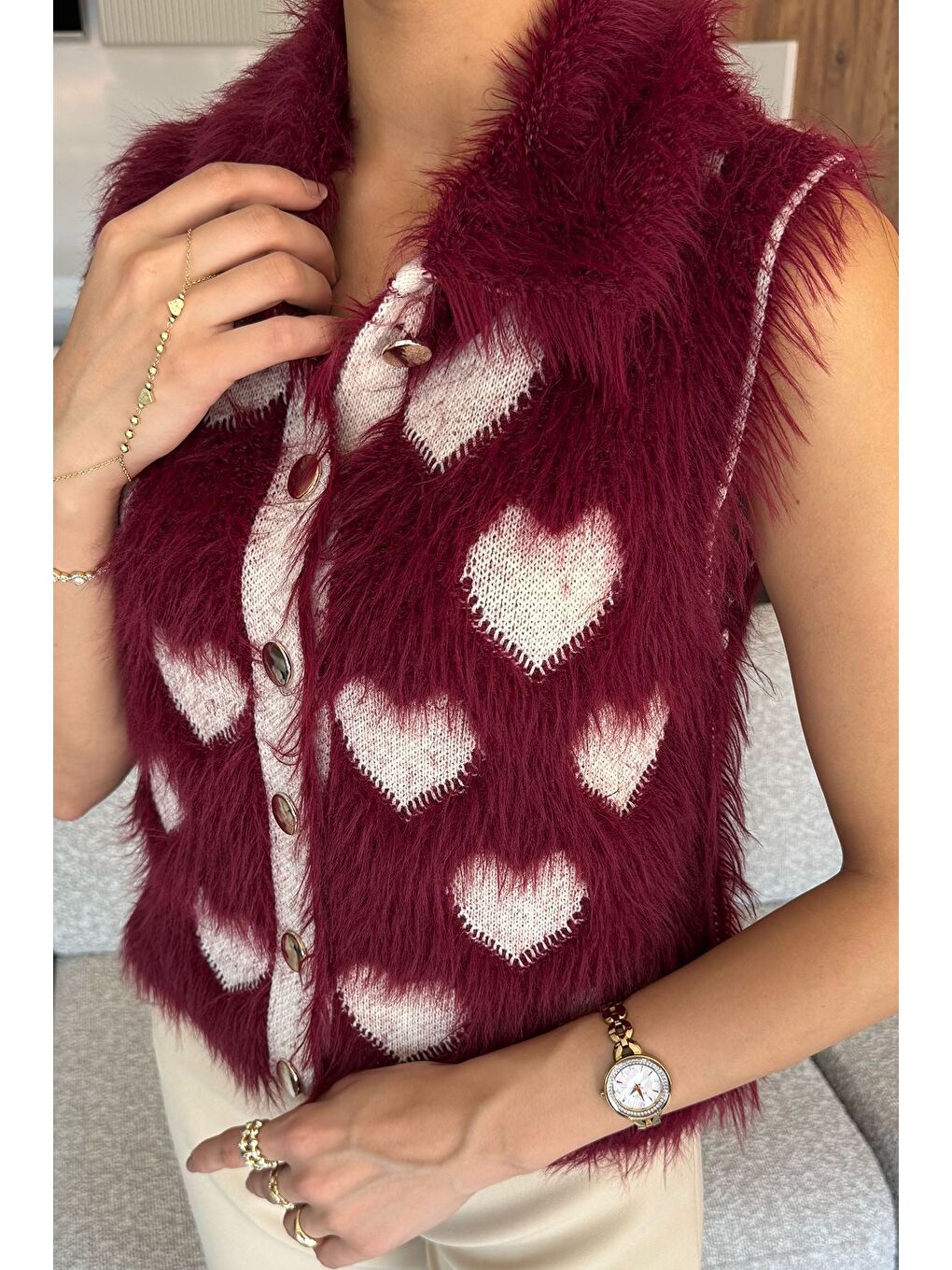 Bordo Sakallı Kalpli Kadın Triko Yelek (s-m-l Uyumludur)-2