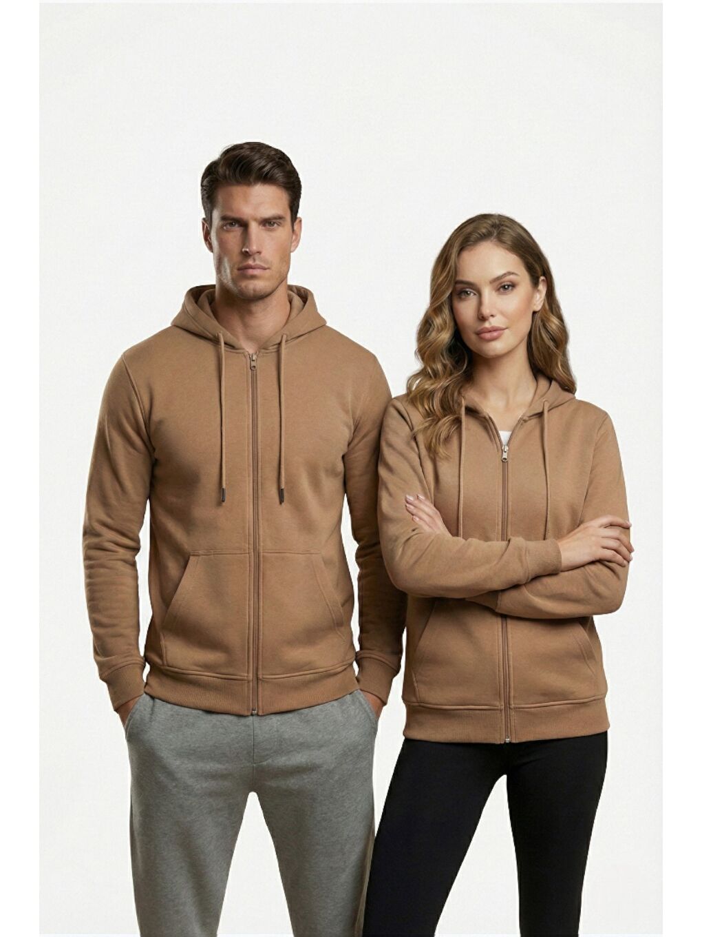 Kahverengi %100 Pamuk Kapüşonlu Fermuarlı Basic Erkek Hırka-2