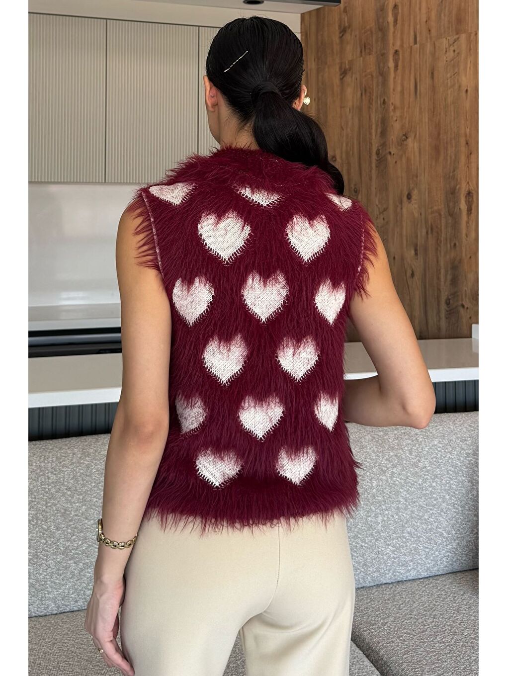 Bordo Sakallı Kalpli Kadın Triko Yelek (s-m-l Uyumludur)-3