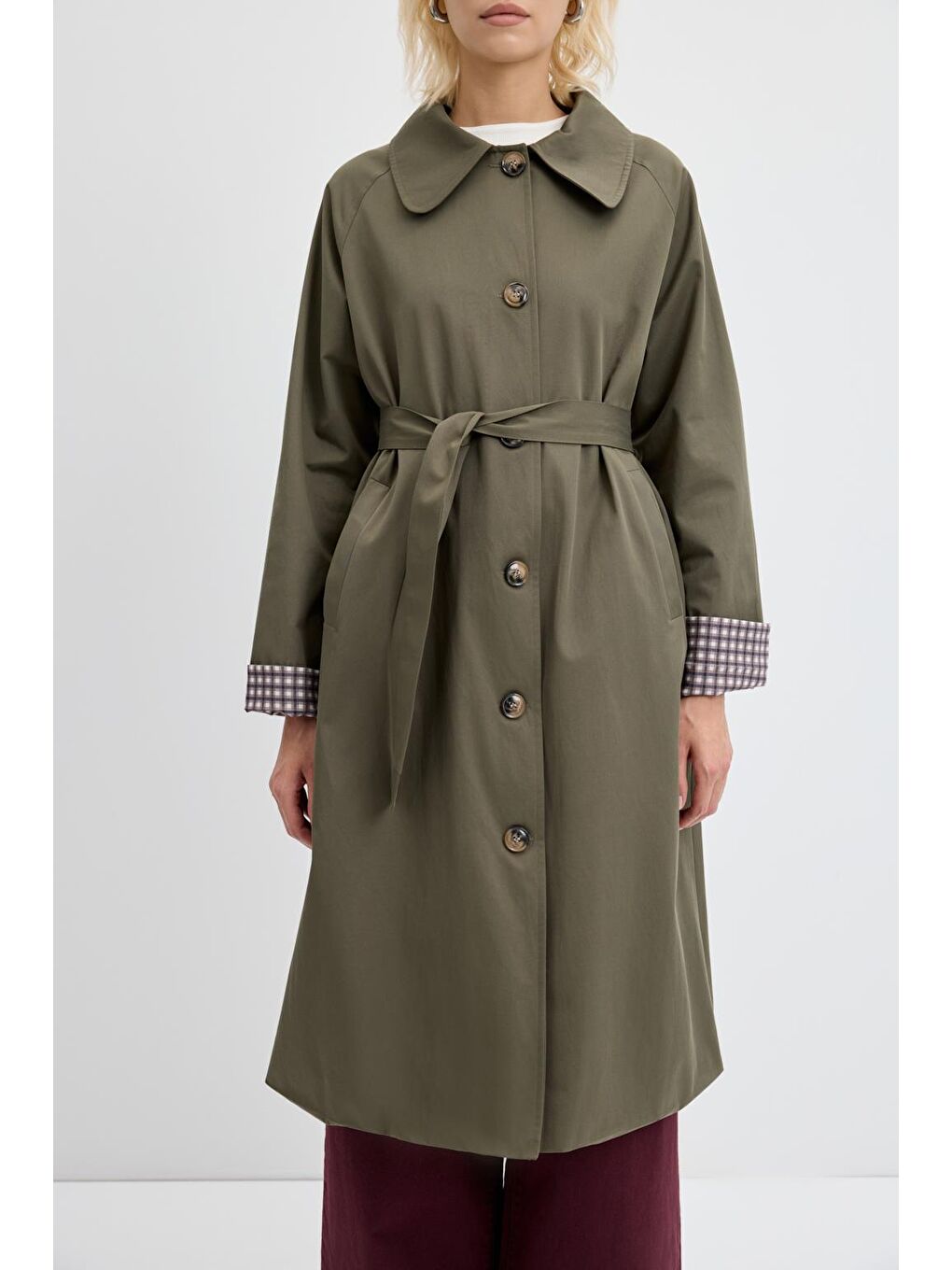 Ekose Astarlı Kemerli Uzun Trençkot Haki-7