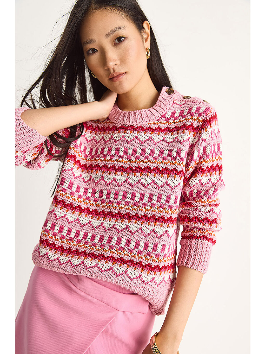 Pembe Kadın Omuz Patlı Desenli Triko Kazak-2