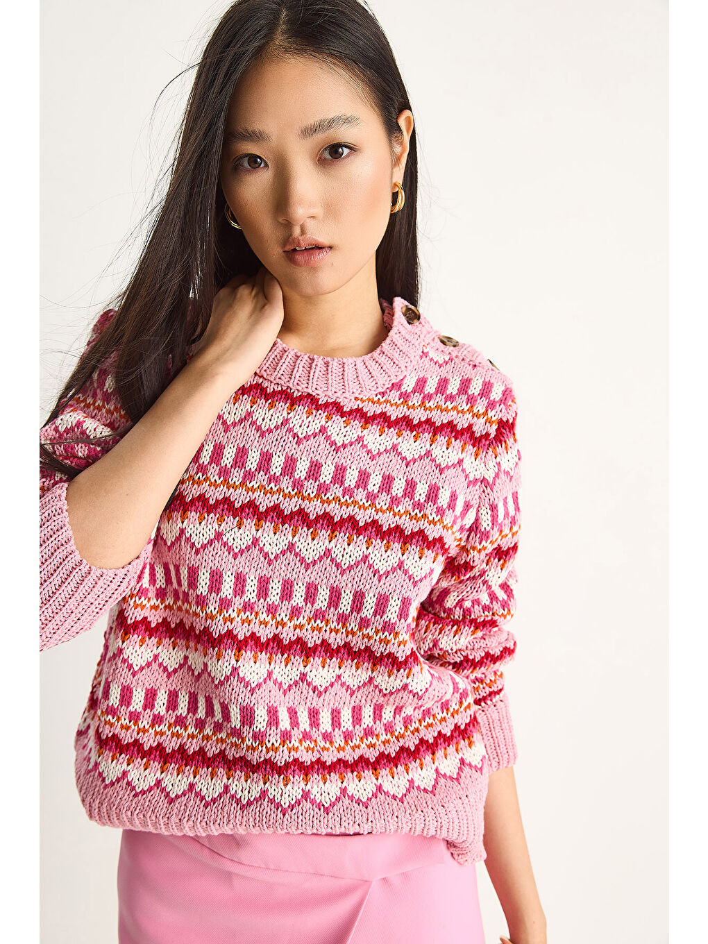 Pembe Kadın Omuz Patlı Desenli Triko Kazak-3