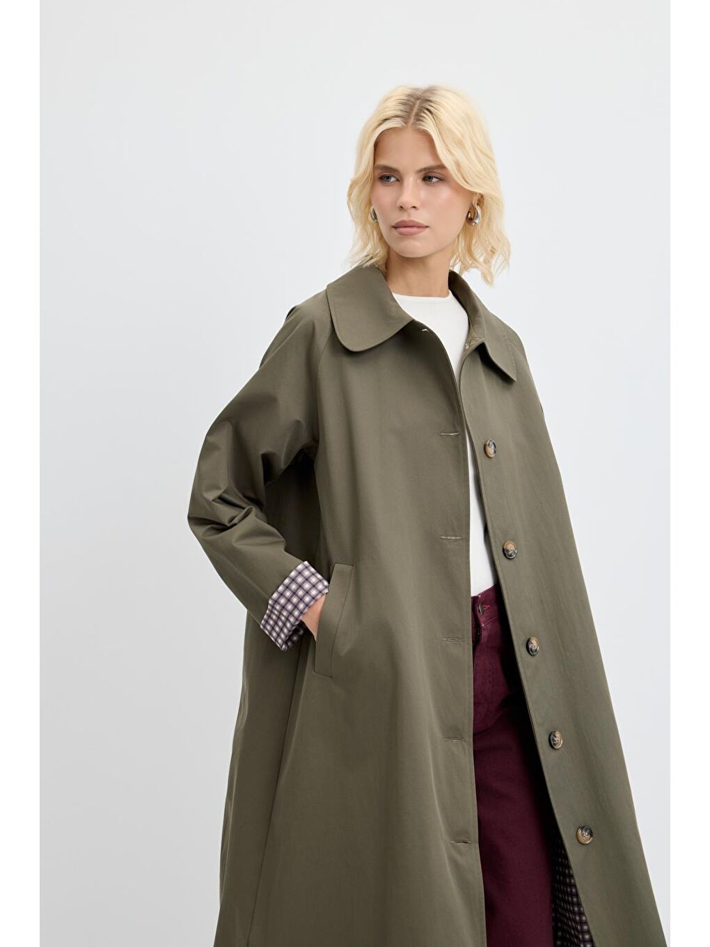 Ekose Astarlı Kemerli Uzun Trençkot Haki-8