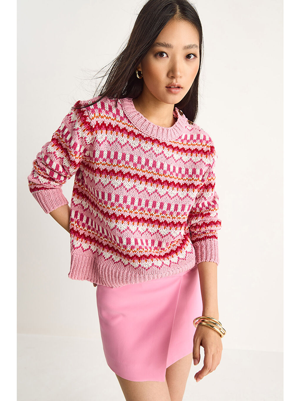 Pembe Kadın Omuz Patlı Desenli Triko Kazak-4