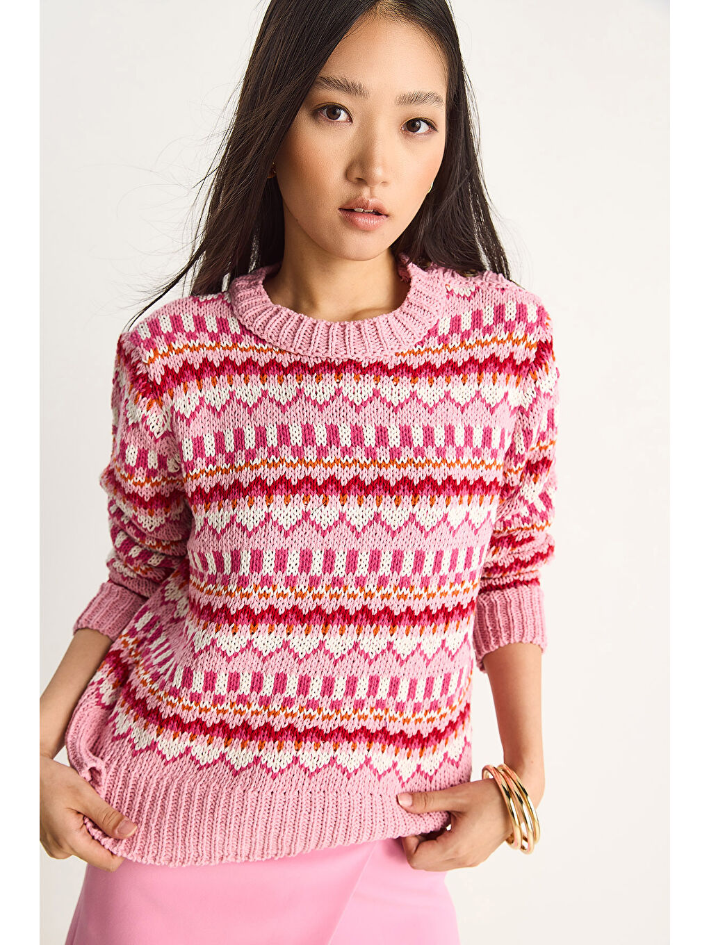 Pembe Kadın Omuz Patlı Desenli Triko Kazak-5