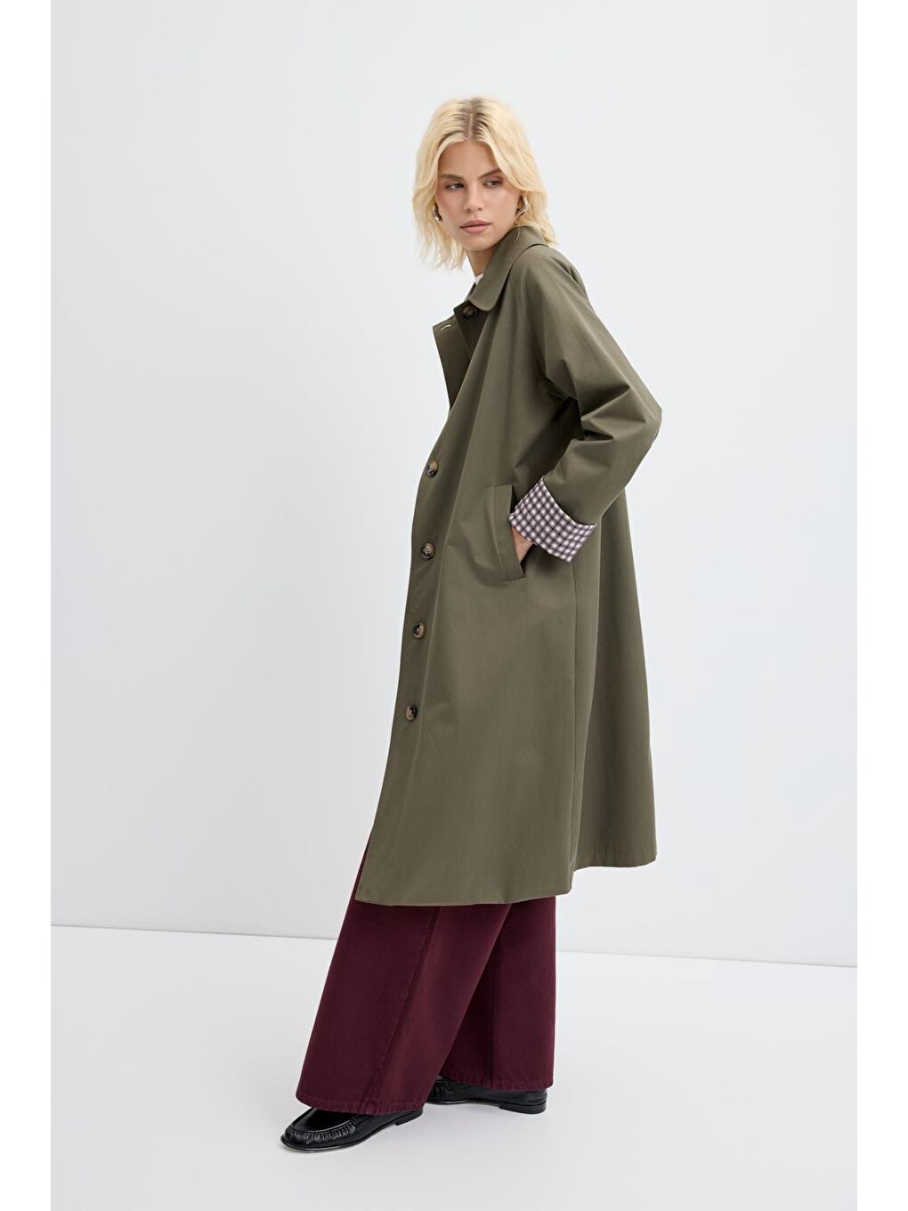 Ekose Astarlı Kemerli Uzun Trençkot Haki-9