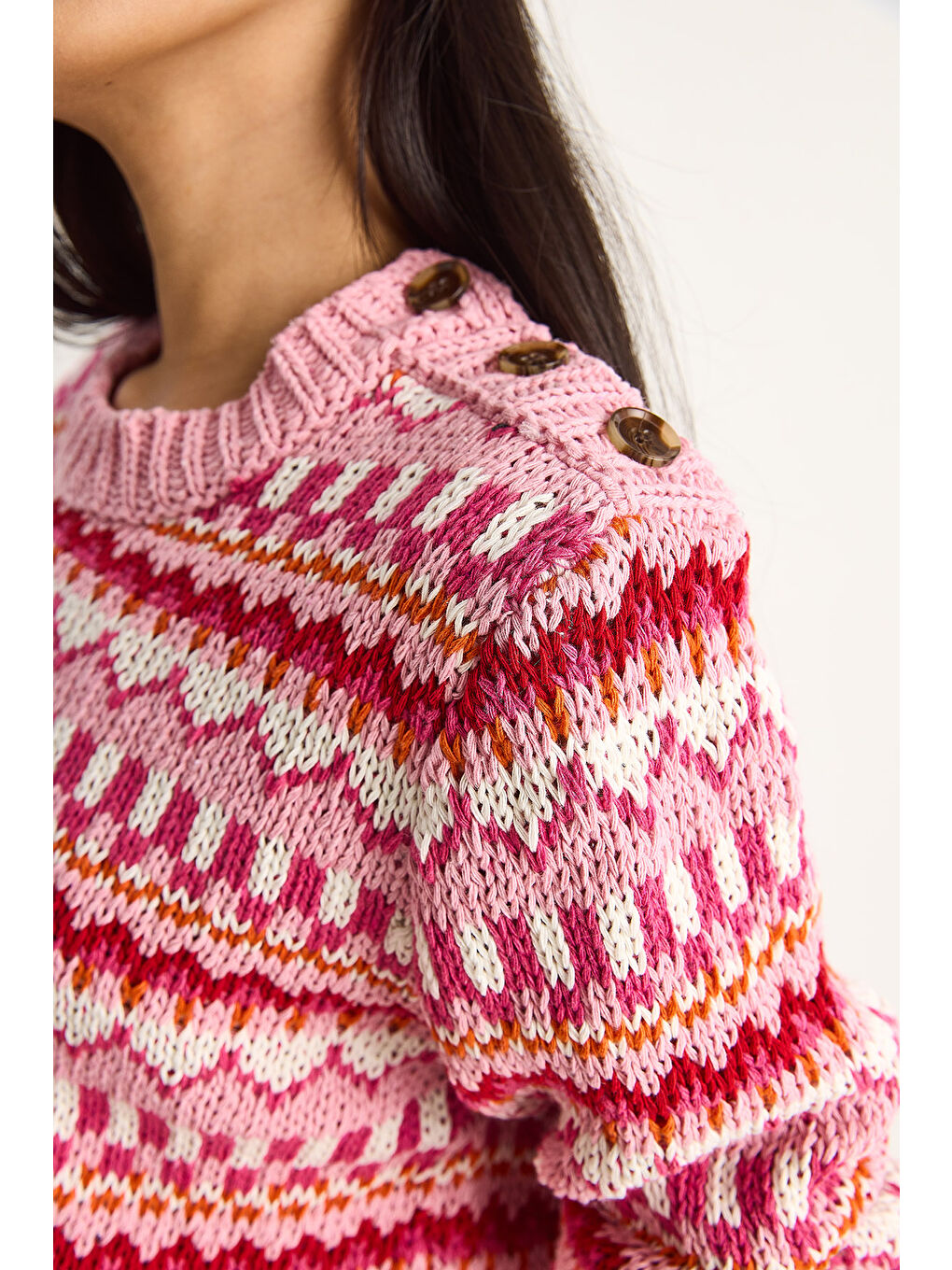 Pembe Kadın Omuz Patlı Desenli Triko Kazak-6