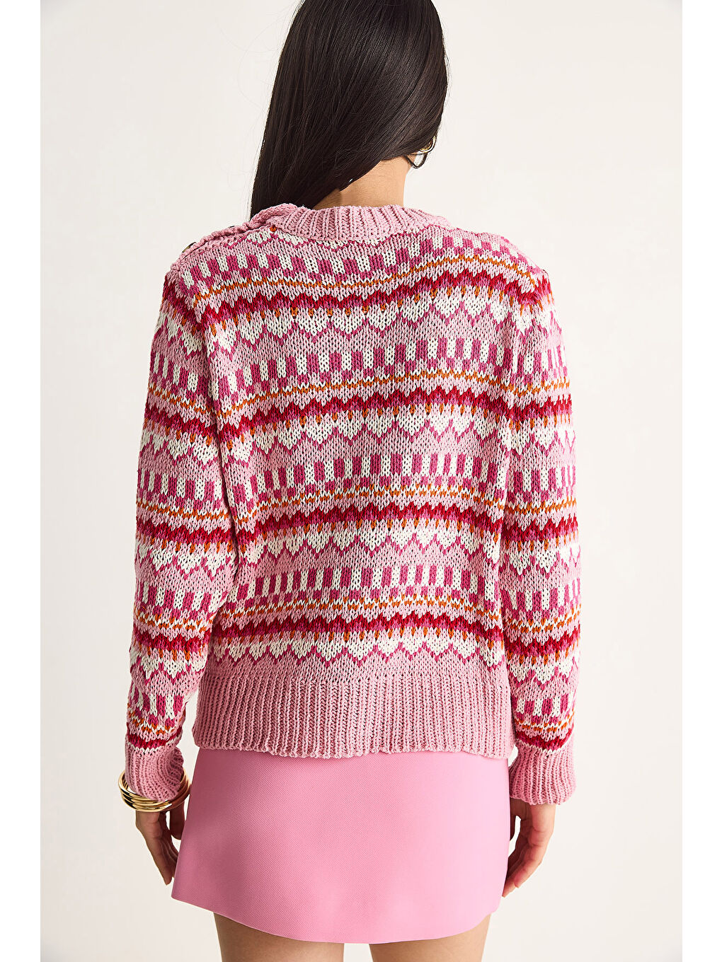 Pembe Kadın Omuz Patlı Desenli Triko Kazak-7