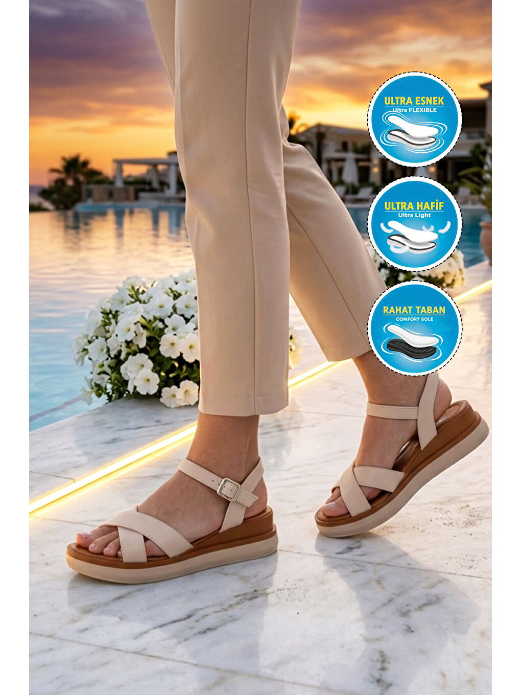 Bej Hafif Yumuşak Tabanlı Kadın Sandalet 335332 Z-2