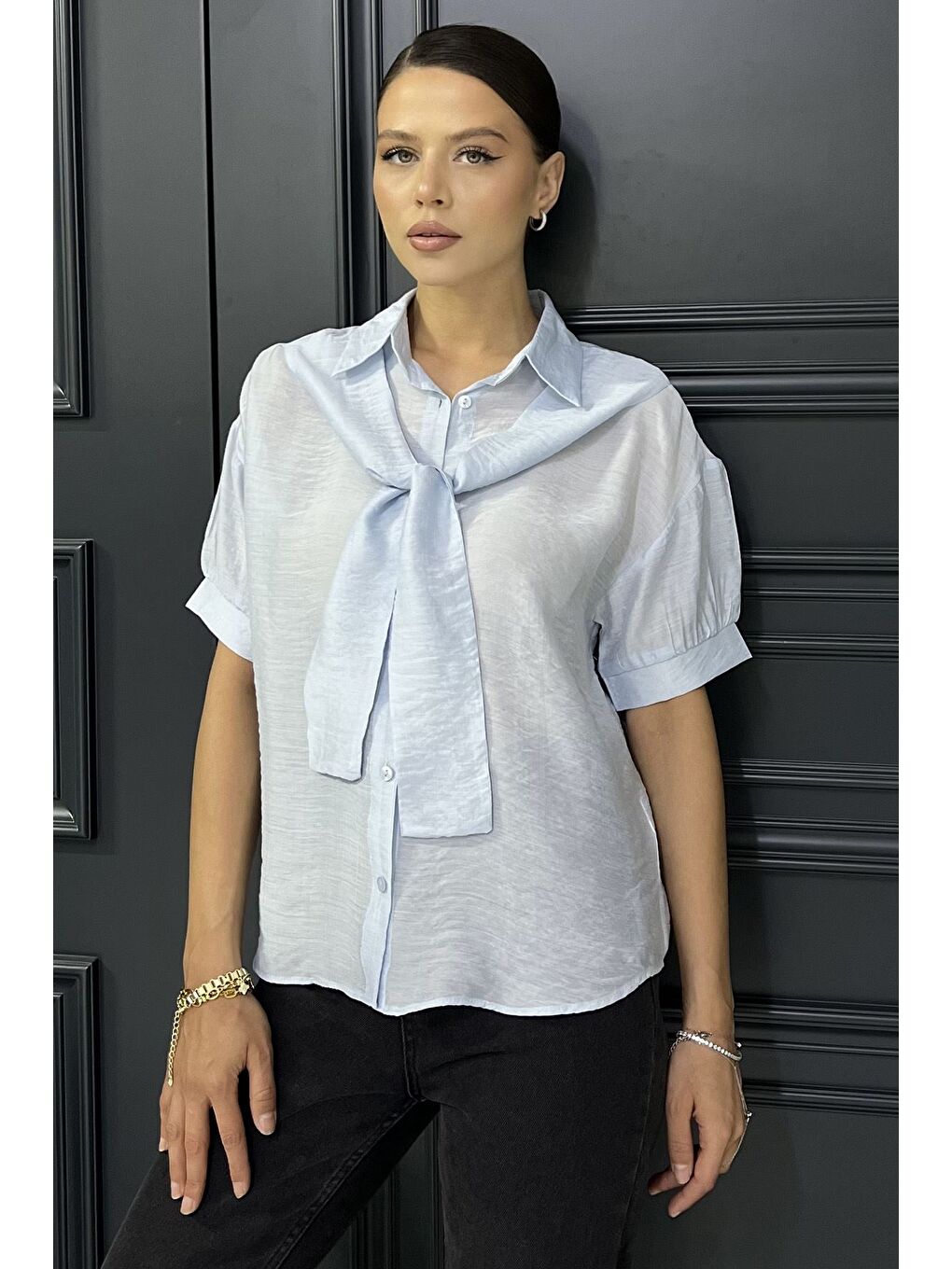 Mavi Kadın Kısa Kol Salaş Gömlek