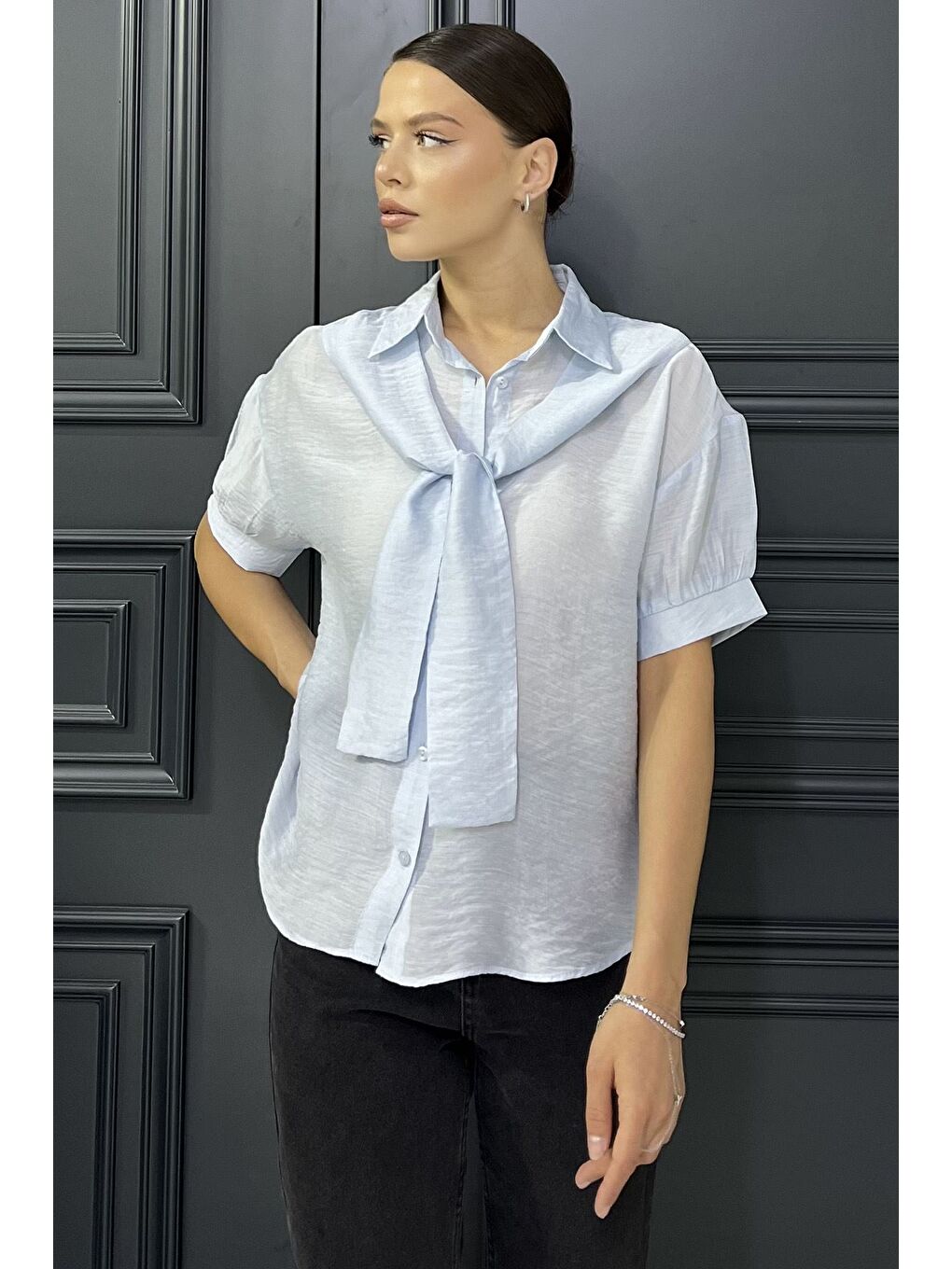 Mavi Kadın Kısa Kol Salaş Gömlek-1