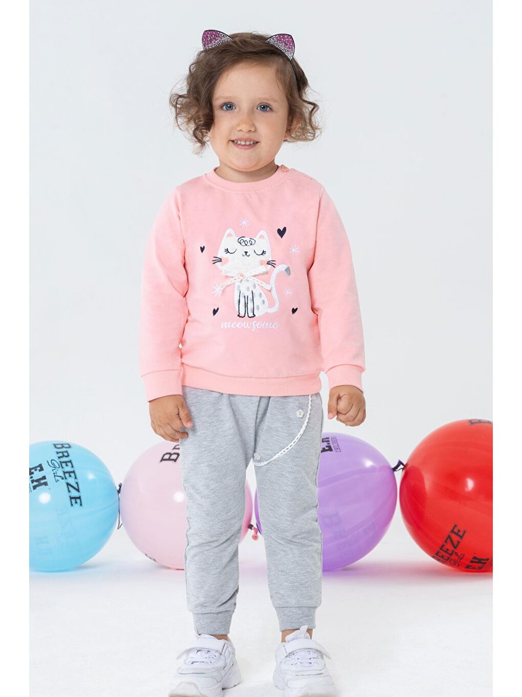 Kız Bebek Şalvar Tipi Eşofman Takım Kedicik Nakışlı Pembe (1 Yaş)