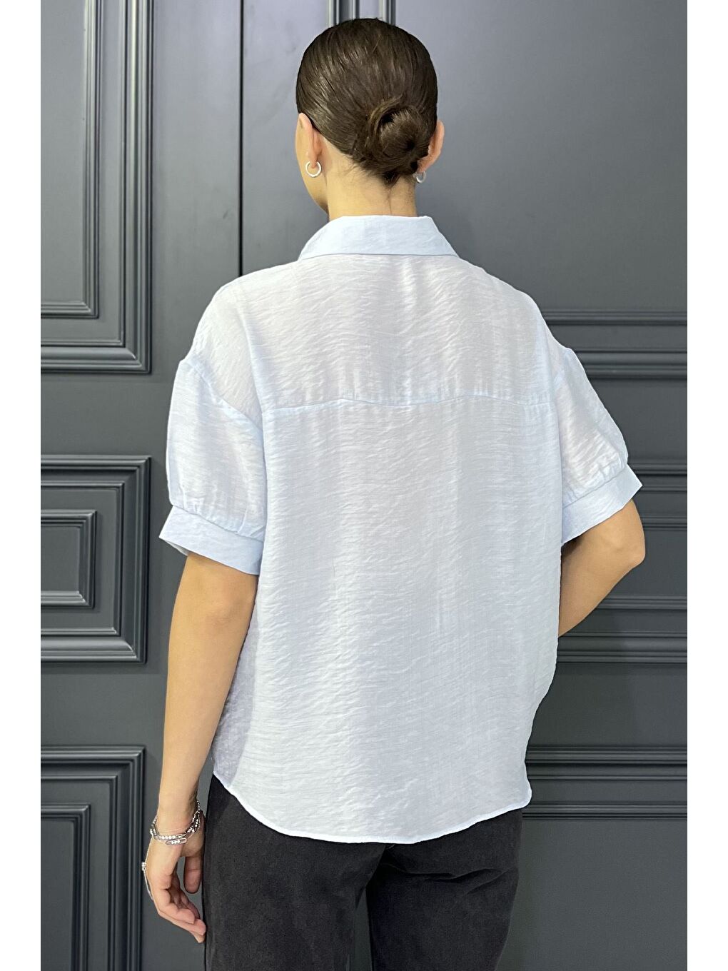 Mavi Kadın Kısa Kol Salaş Gömlek-2