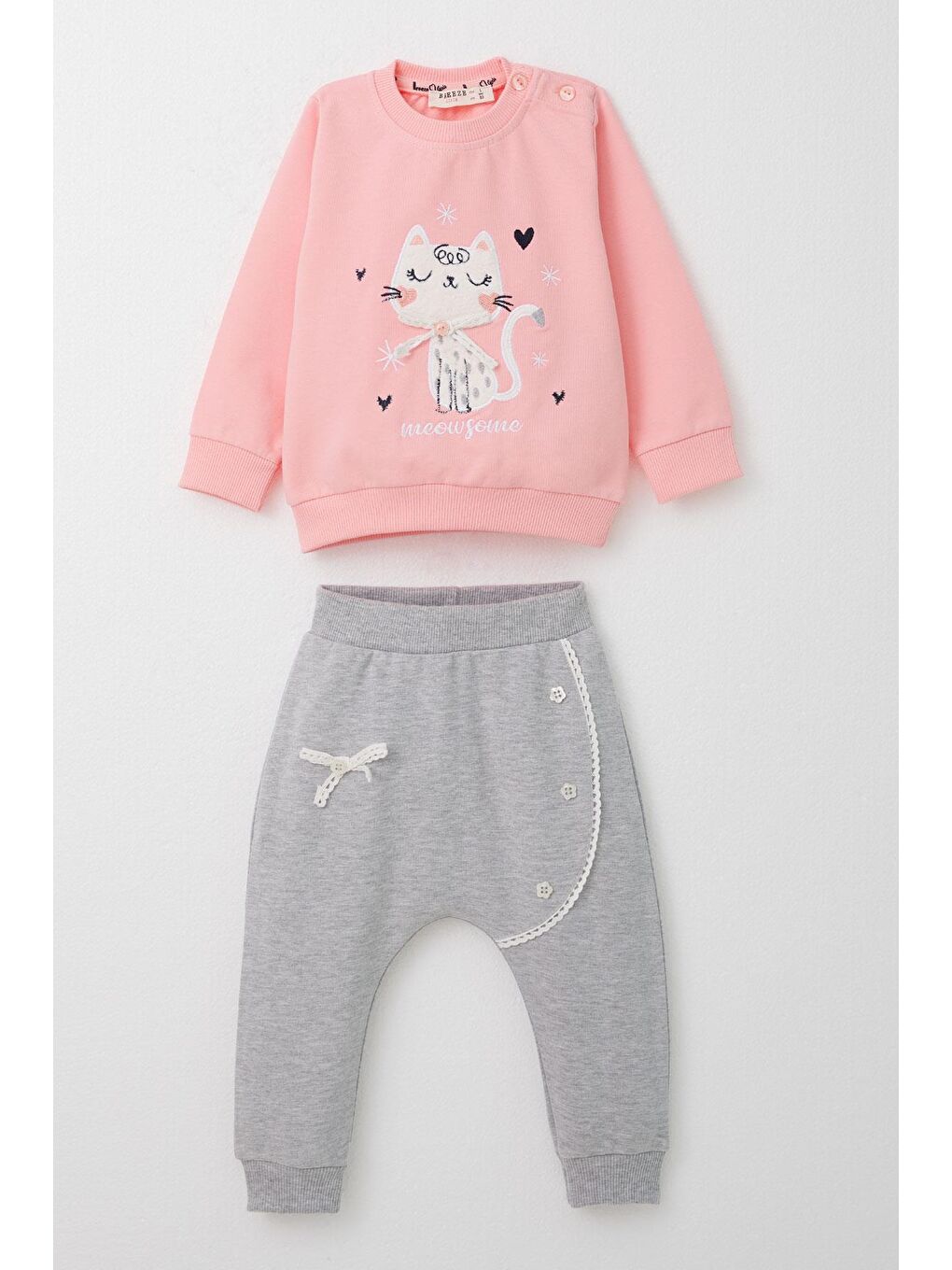 Kız Bebek Şalvar Tipi Eşofman Takım Kedicik Nakışlı Pembe (1 Yaş)-2