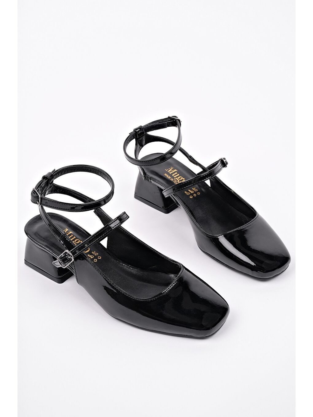 Siyah CHOPRA Kare Burun Çift Kemerli Bilekten Bağlamalı Arkası Açık Kısa Topuklu Ayakkabı