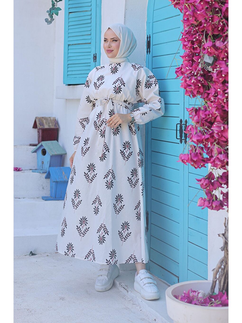 Desenli Kolu Büzgülü Elbise Ekru - 26622