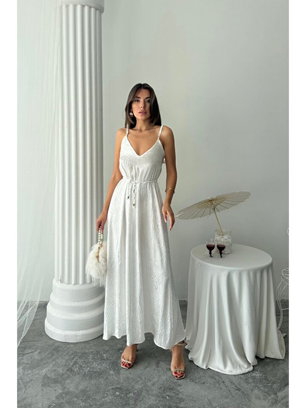 JAKAR SATEN DEGAJE ASKILI ELBİSE İP KEMERLİ - Beyaz