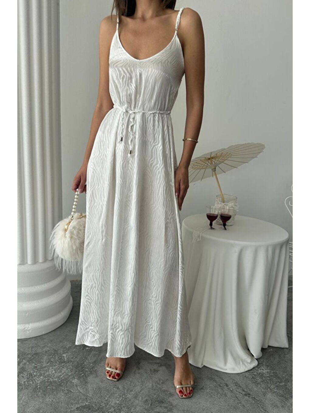 JAKAR SATEN DEGAJE ASKILI ELBİSE İP KEMERLİ - Beyaz-1