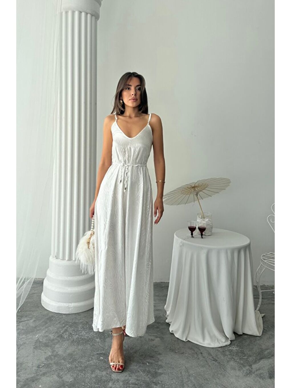 JAKAR SATEN DEGAJE ASKILI ELBİSE İP KEMERLİ - Beyaz-2