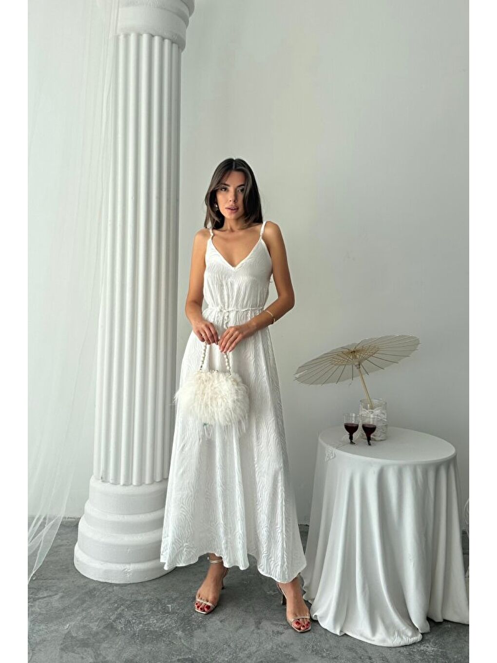 JAKAR SATEN DEGAJE ASKILI ELBİSE İP KEMERLİ - Beyaz-3