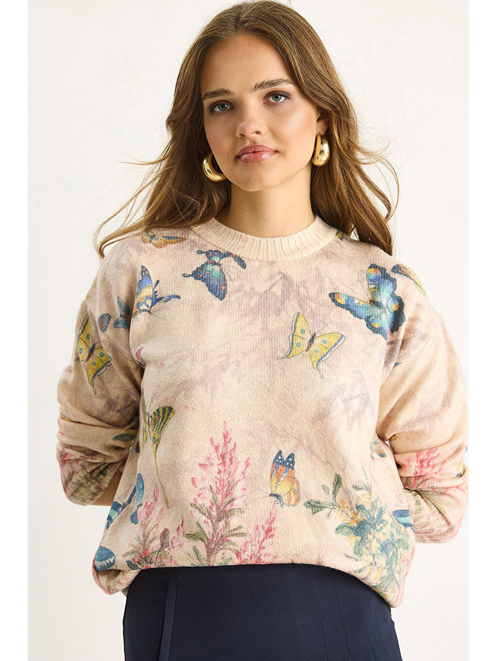 Bej Kadın Parçalı Triko Kazak