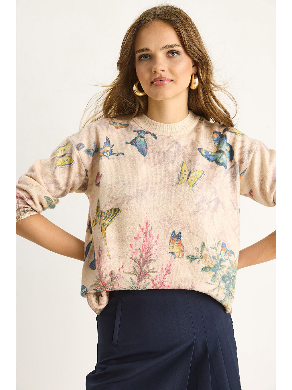 Bej Kadın Parçalı Triko Kazak-1